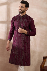 Purple Silk Blend Embroidered Mandarin Collar Straight Kurta MKU1889