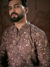 Men Mauve Silk Blend Floral Printed Straight Kurta-MKU1932
