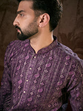 Men Purple Silk Blend Ethnic Motifs Printed Straight Kurta-MKU1950