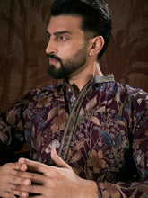 Men Purple Silk Blend Floral Printed Straight Kurta-MKU1957