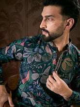 Men Blue Silk Blend Floral Printed Straight Kurta-MKU1962