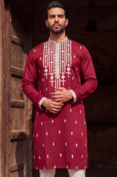 Maroon Silk Blend Embroidered Straight Kurta With Trousers MKSET2049