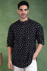 Black Cotton Bandhani Printed Straight Short Kurta For Men MSKU1001BLK