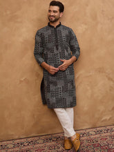 Men Black Silk Blend Geometric Printed Straight Kurta With Pant Set-MKSET1528