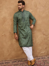 Men Green Silk Blend Geometric Embroidered Straight Kurta With Pant Set-MKSET1517