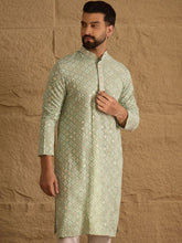 Men Green Viscose Rayon Solid Embroidered Straight Kurta With Pant Set-MKSET1238