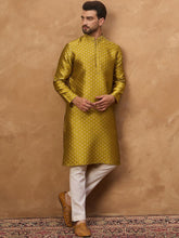 Men Yellow Silk Blend Solid Woven Design Straight Kurta With Pant Set-MKSET1459