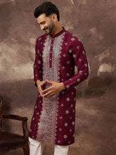 Men Maroon Silk Blend Solid Embroidered Straight Kurta With Pant Set-MKSET1369