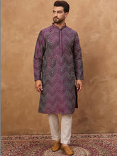 Men Purple Silk Blend Geometric Printed Straight Kurta With Pant Set-MKSET1521