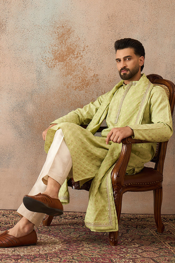 Green Jacquard Woven Design Floral Straight Kurta with Dupatta MKUD1018