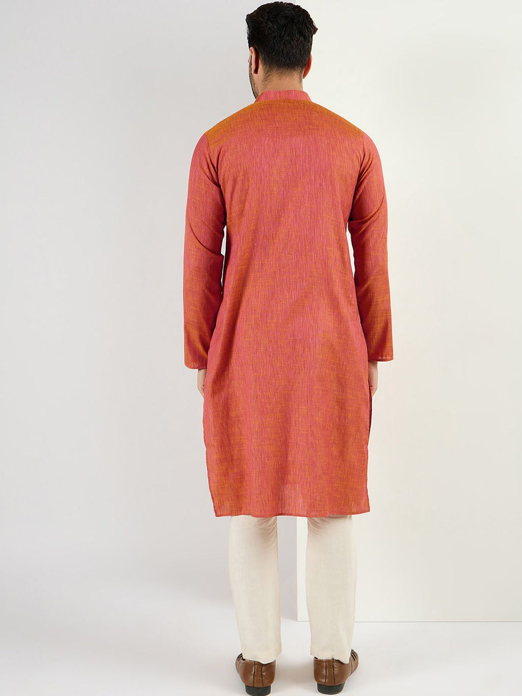 Men Orange Cotton Solid Woven Design Straight Kurta With Pant Set-MKSET1094