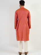 Men Orange Cotton Solid Woven Design Straight Kurta With Pant Set-MKSET1094