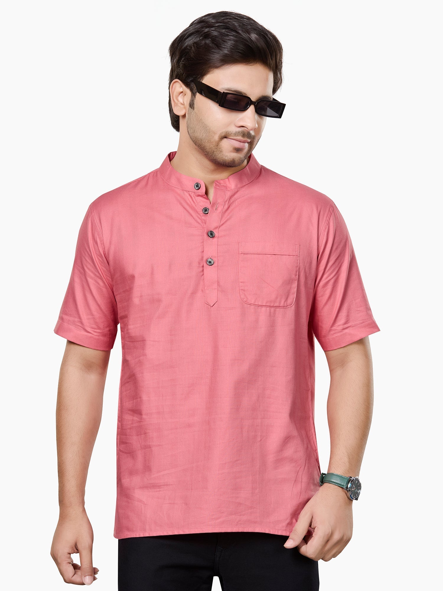 Cotton Short Kurta Half Sleeves for Men - Peach | SHSRSSPIN3