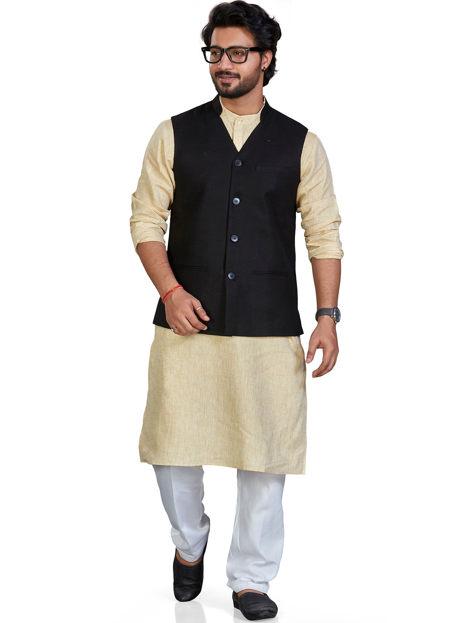 black Cotton Solid Indian Wear Nehru Jacket | DesiQlo