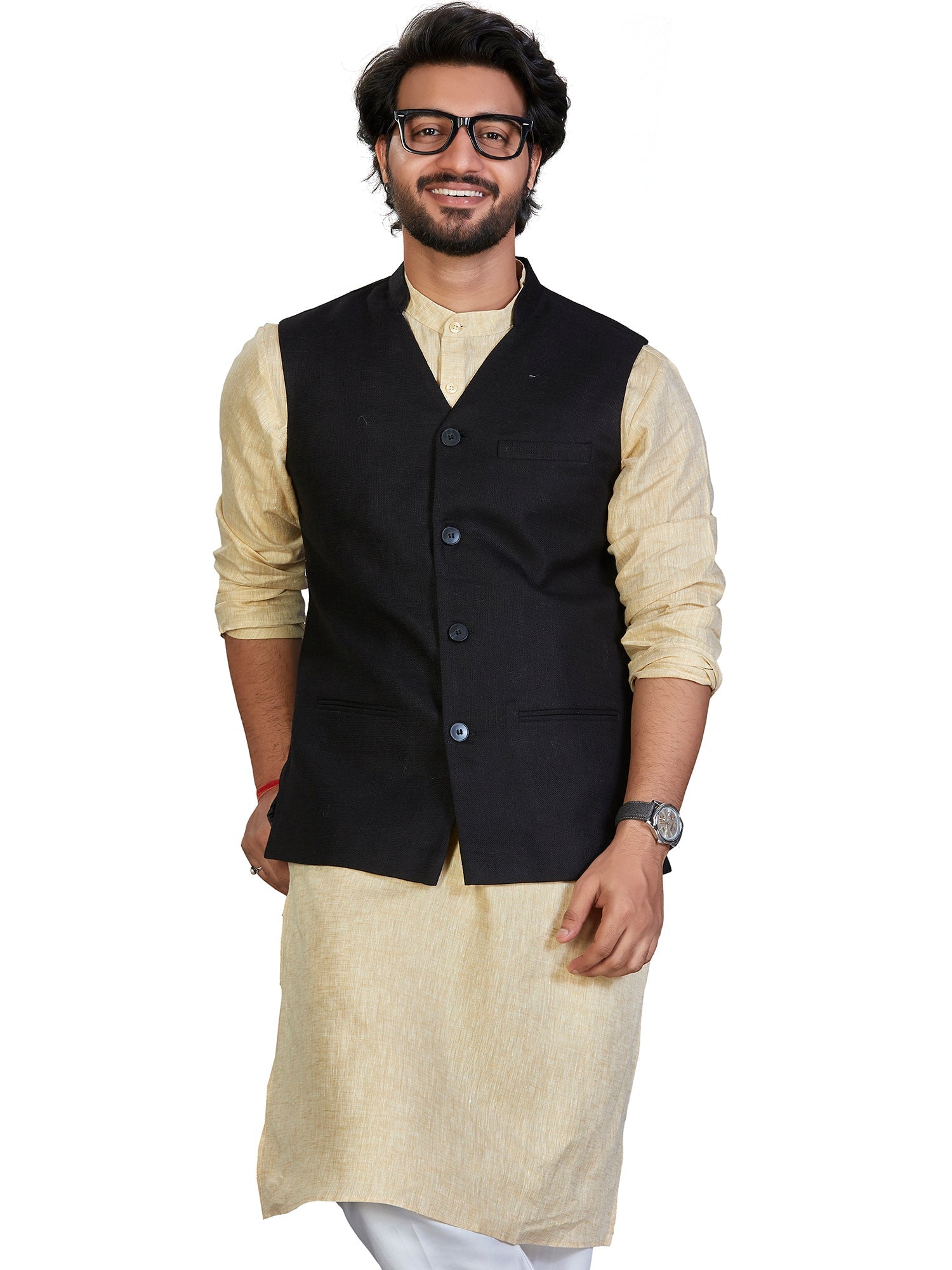 black Cotton Solid Indian Wear Nehru Jacket | DesiQlo