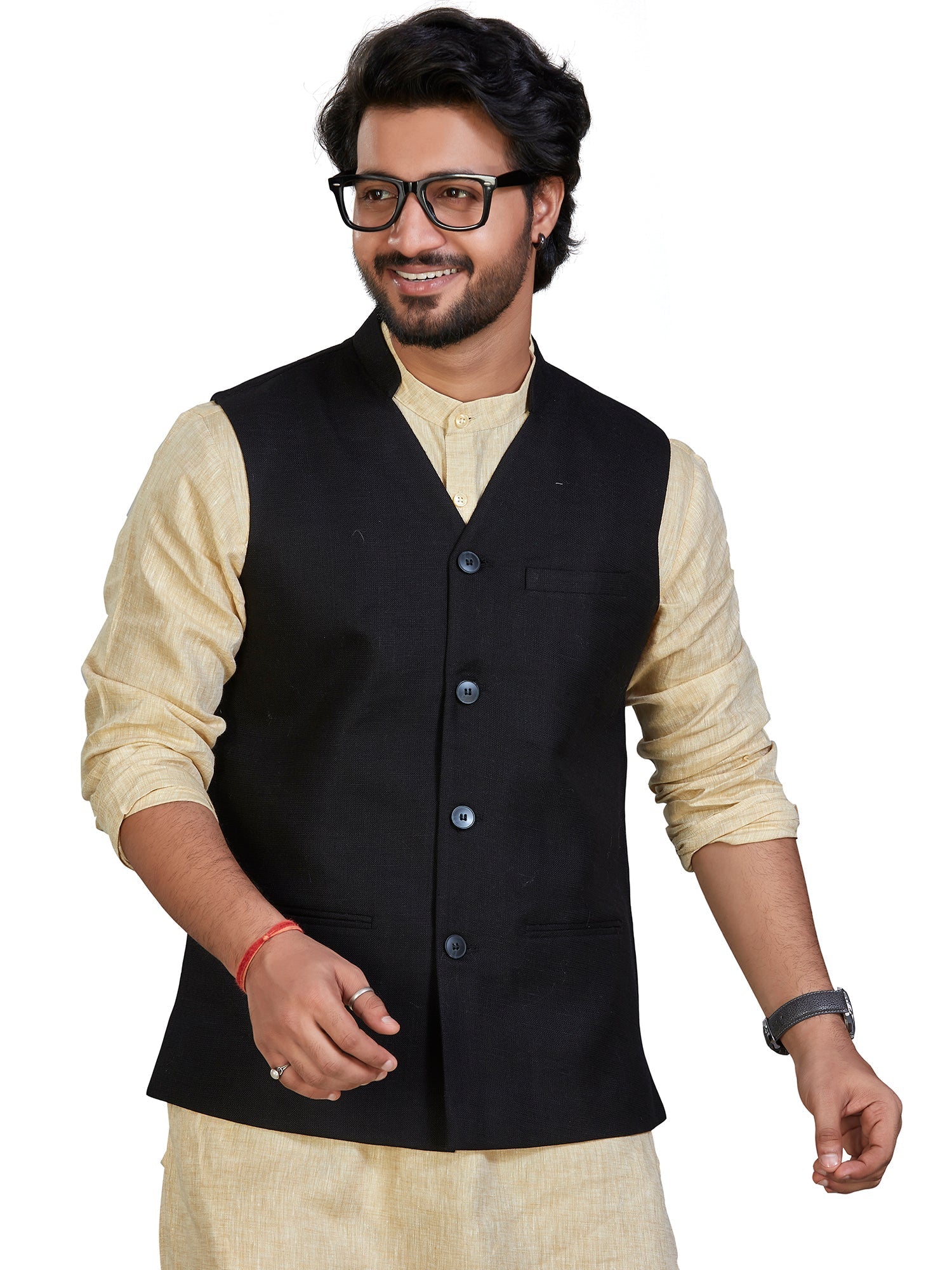 black Cotton Solid Indian Wear Nehru Jacket | DesiQlo