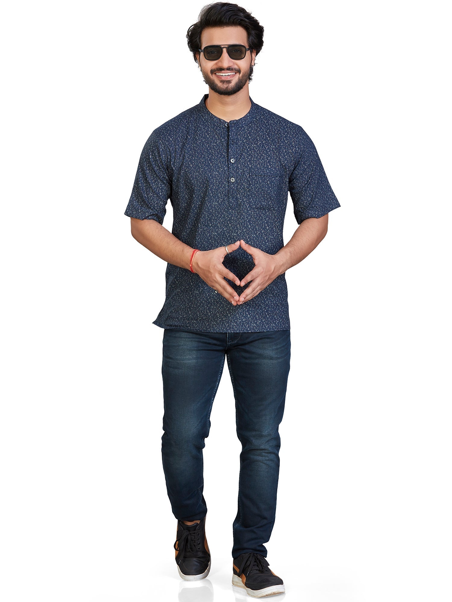 navy Cotton Floral Kurtas Short Kurta Half Sleeves | DesiQlo