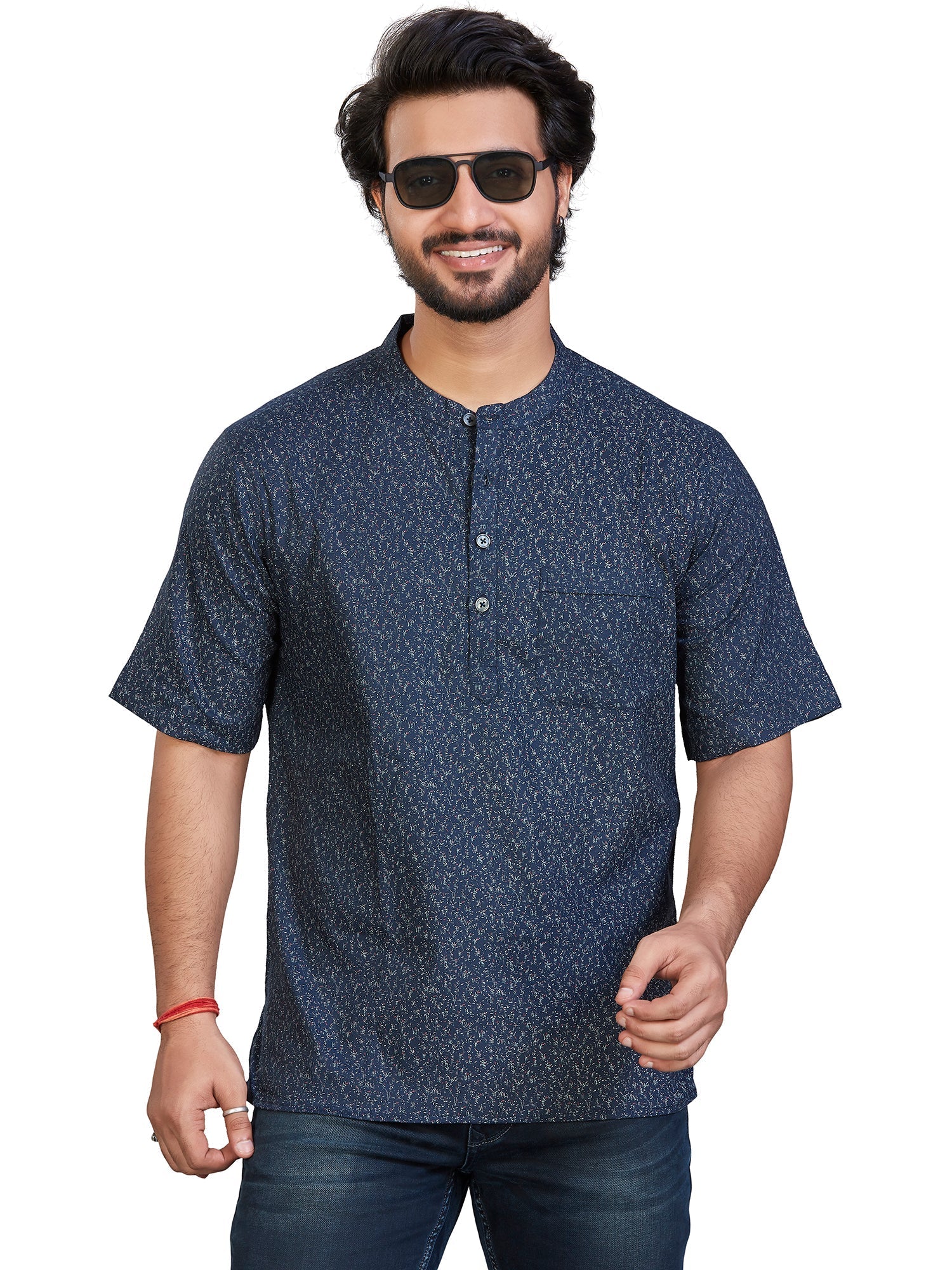 navy Cotton Floral Kurtas Short Kurta Half Sleeves | DesiQlo