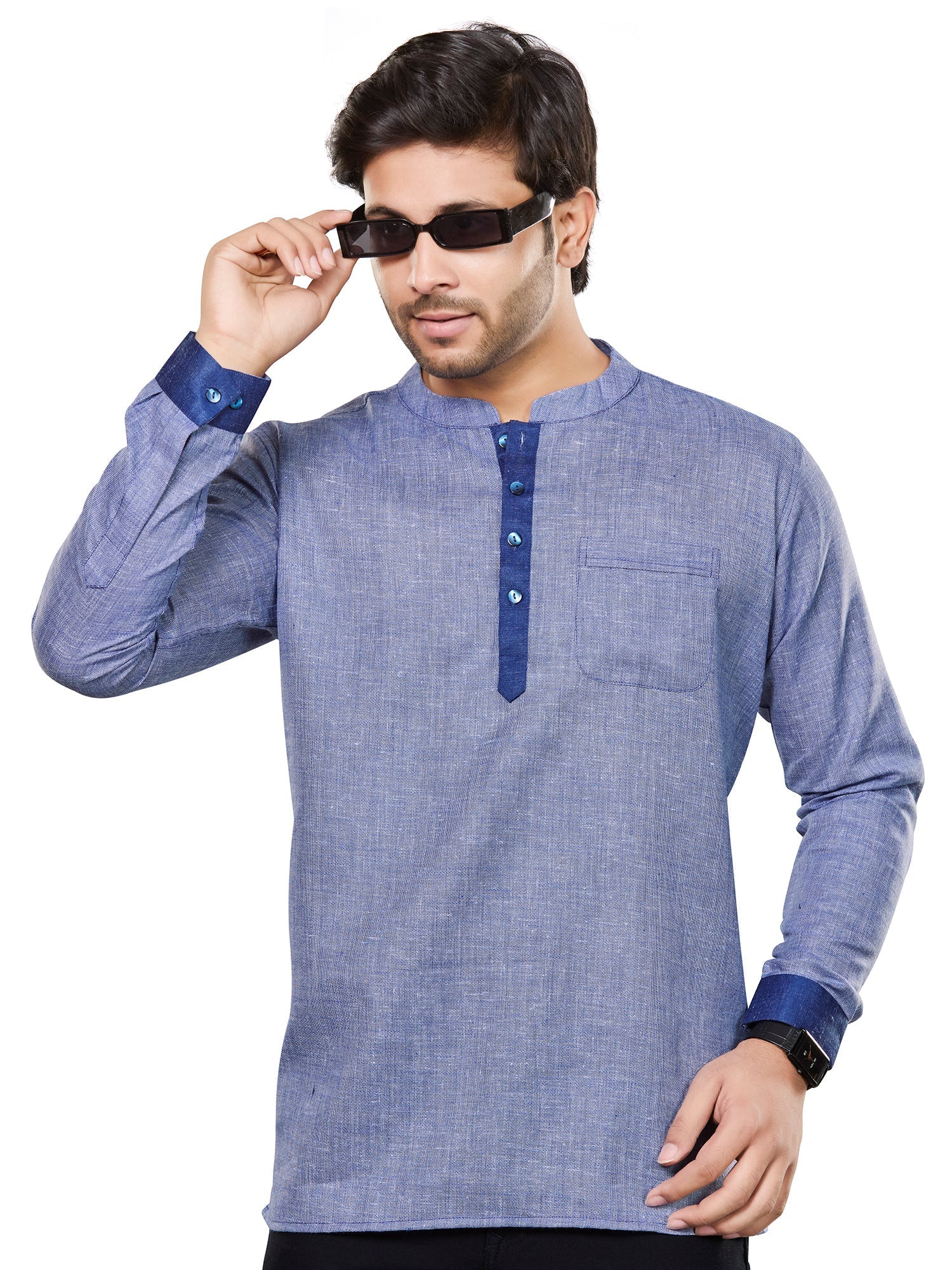 Cotton Short Kurta for Men - Blue | SKRECUFBLU