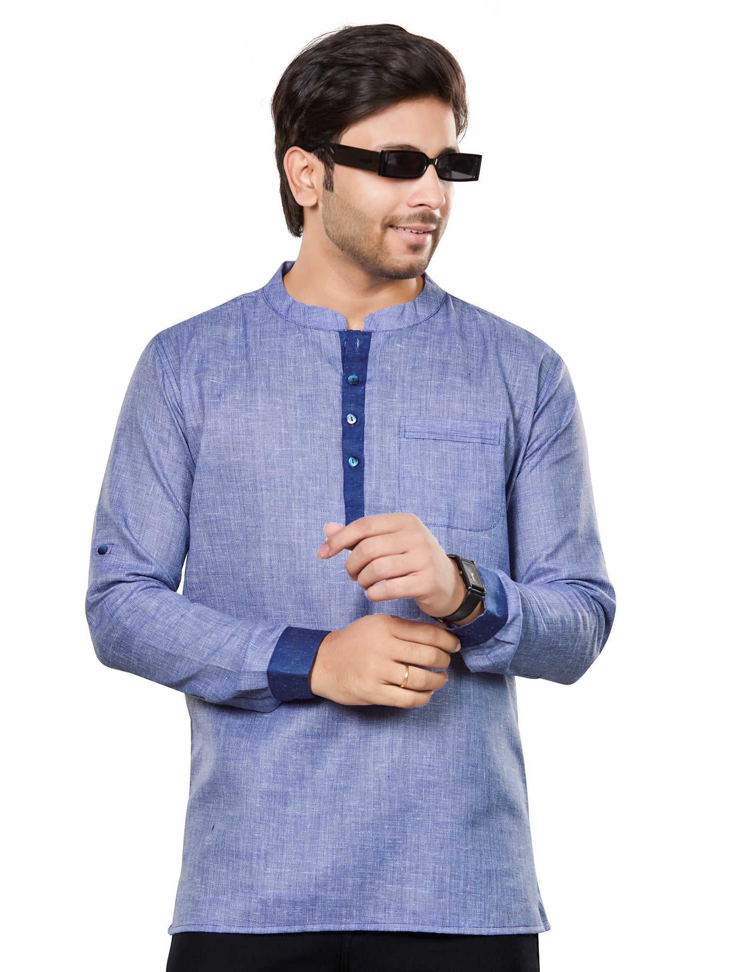 Cotton Short Kurta for Men - Blue | SKRECUFBLU