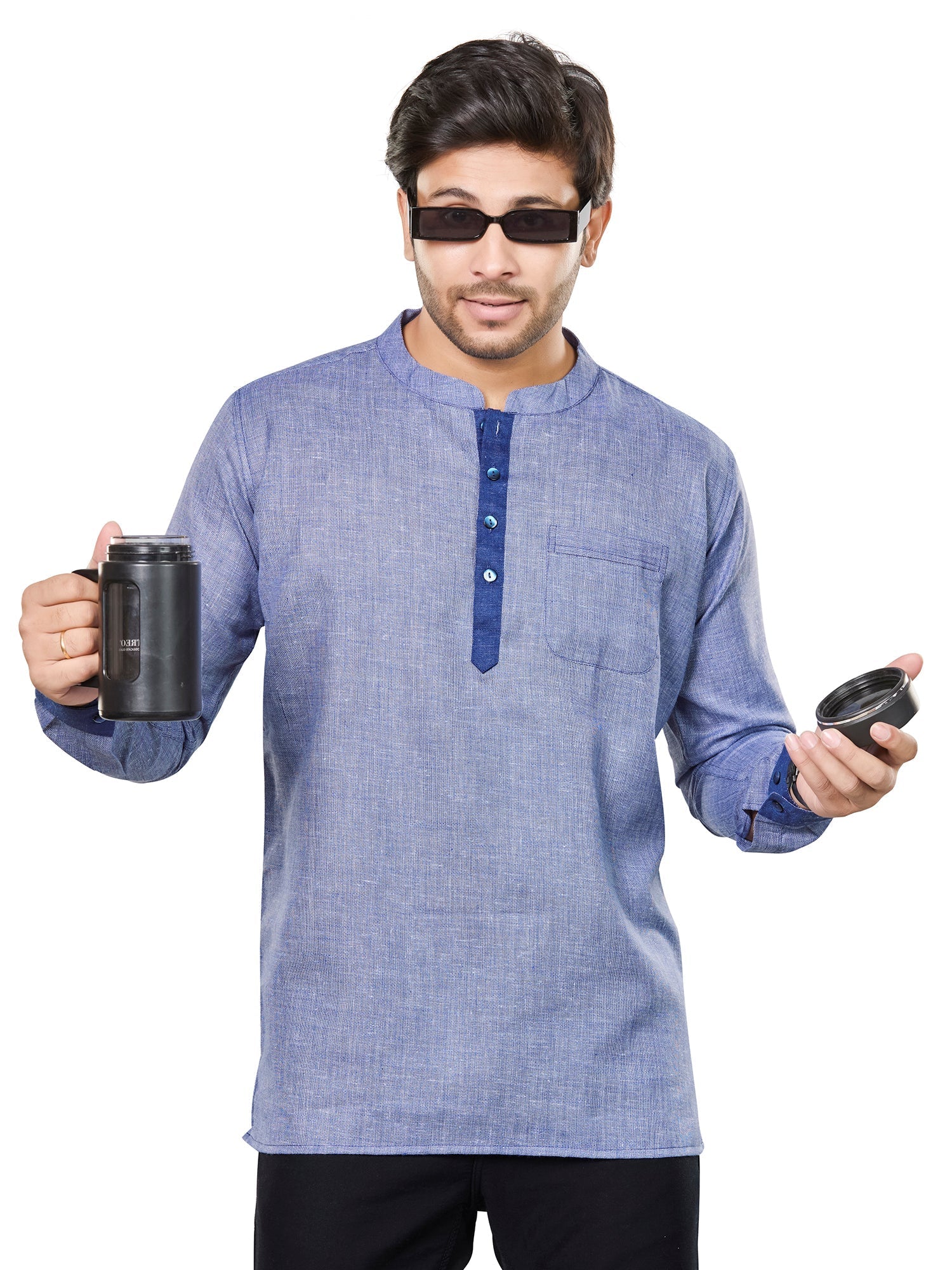 Cotton Short Kurta for Men - Blue | SKRECUFBLU