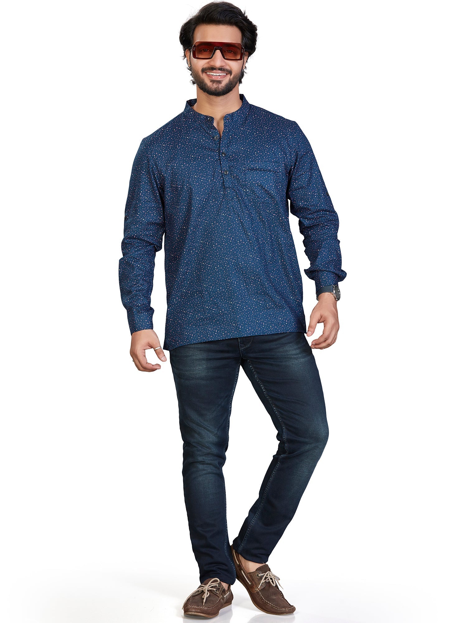 navy Cotton Floral Kurtas for Men | DesiQlo India