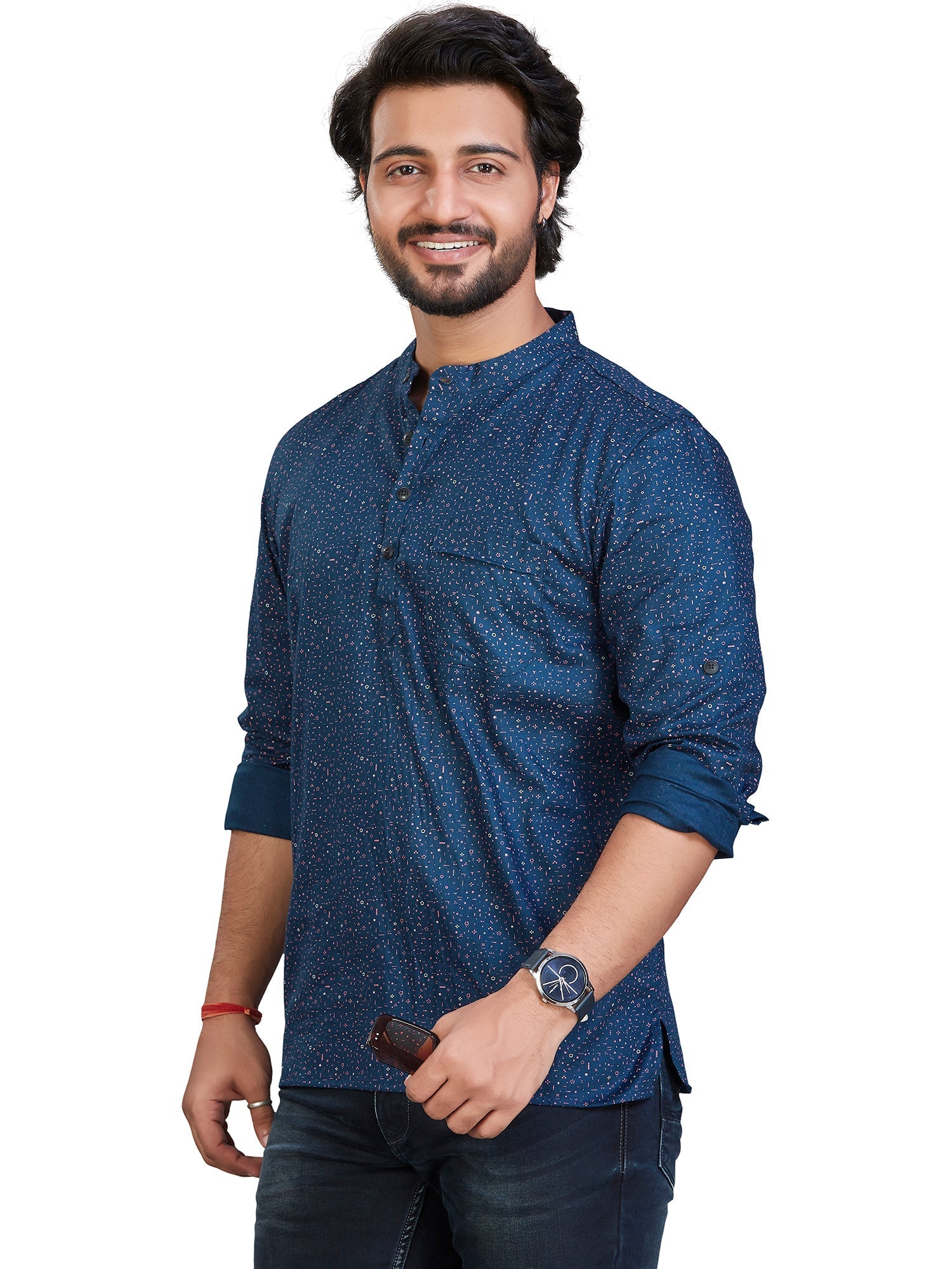 navy Cotton Floral Kurtas for Men | DesiQlo India