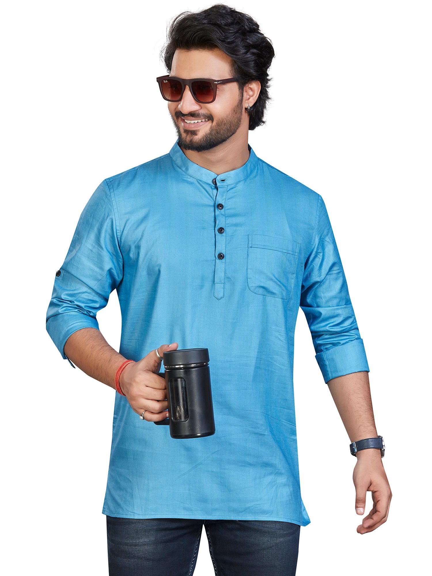 blue Cotton Solid Kurtas for Men | DesiQlo India