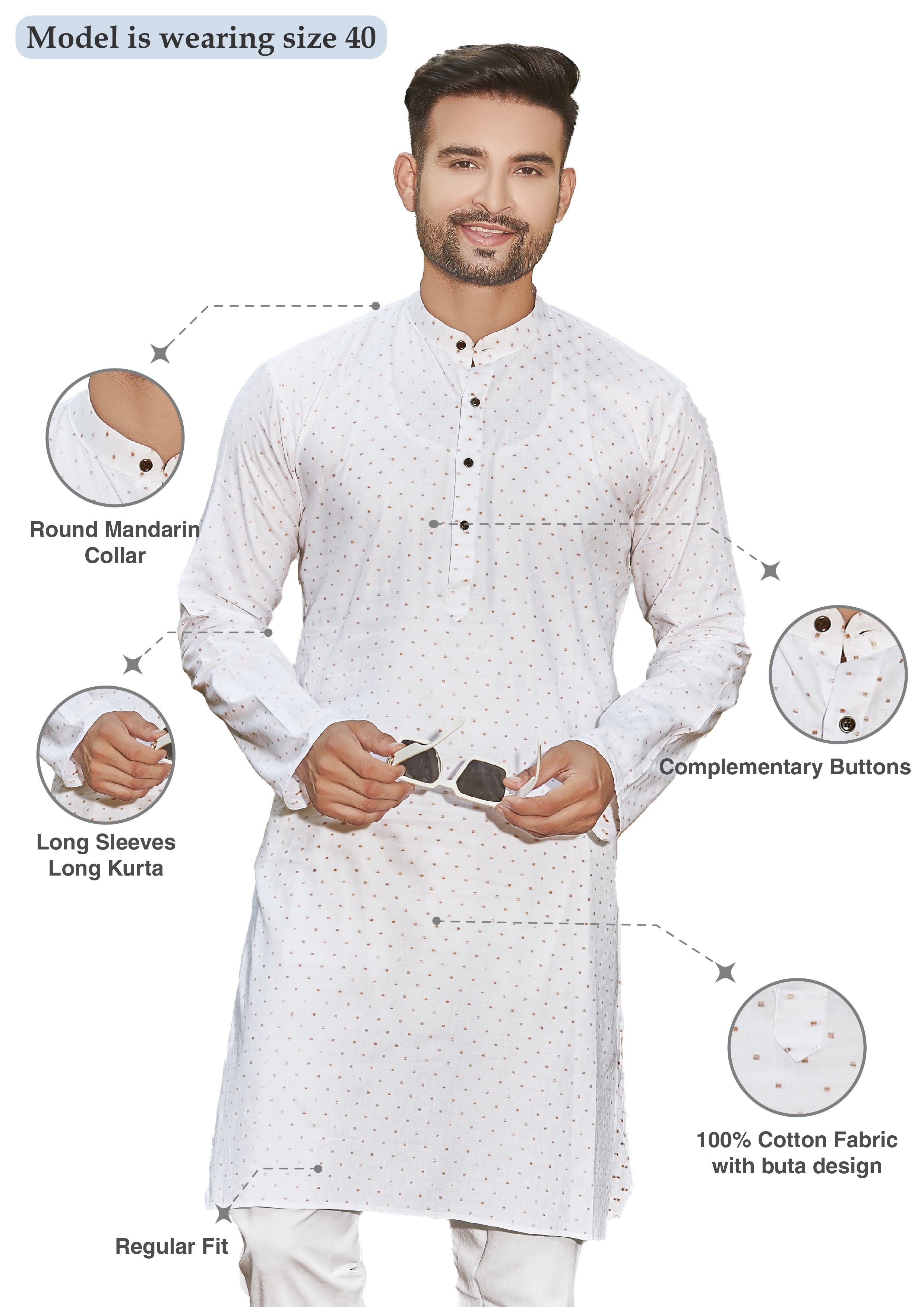 Cotton Kurta for Men - White | KPSSBUTWH3