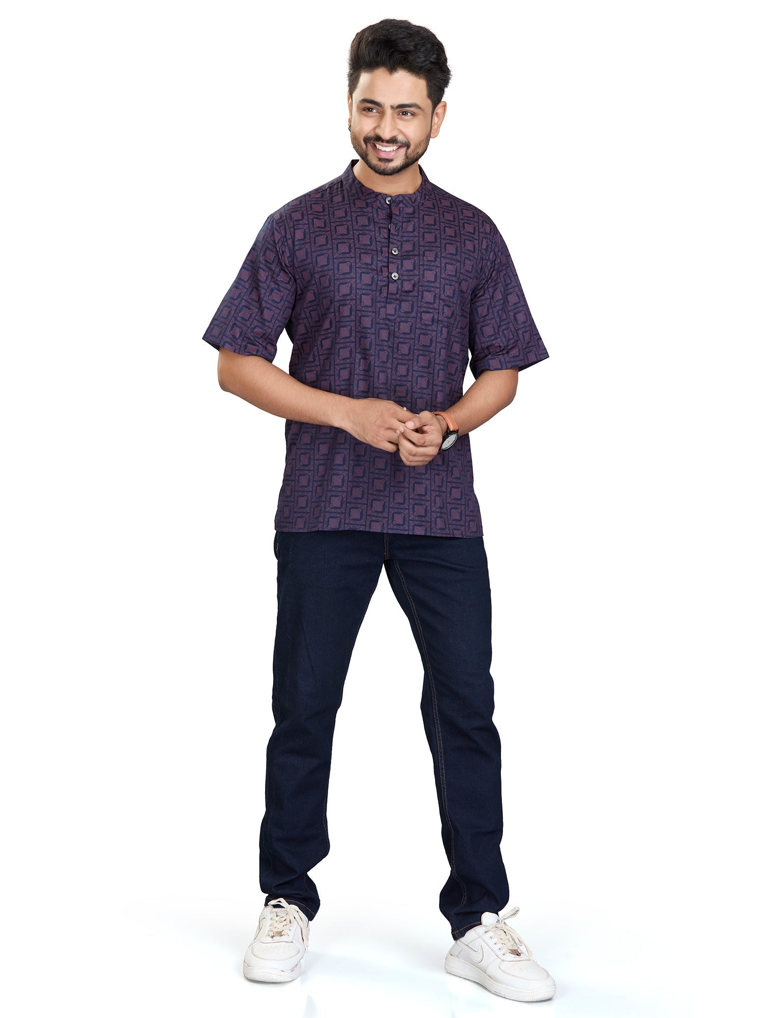 white Bamboo Geometric Kurtas for Men | DesiQlo India
