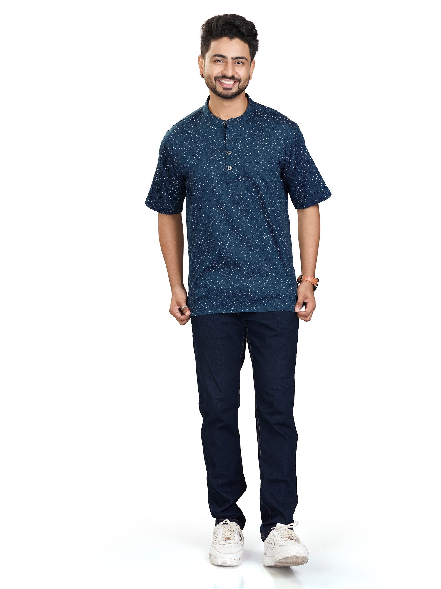 Satin Short Kurta Half Sleeves for Men - White | SHAVSPNAV3