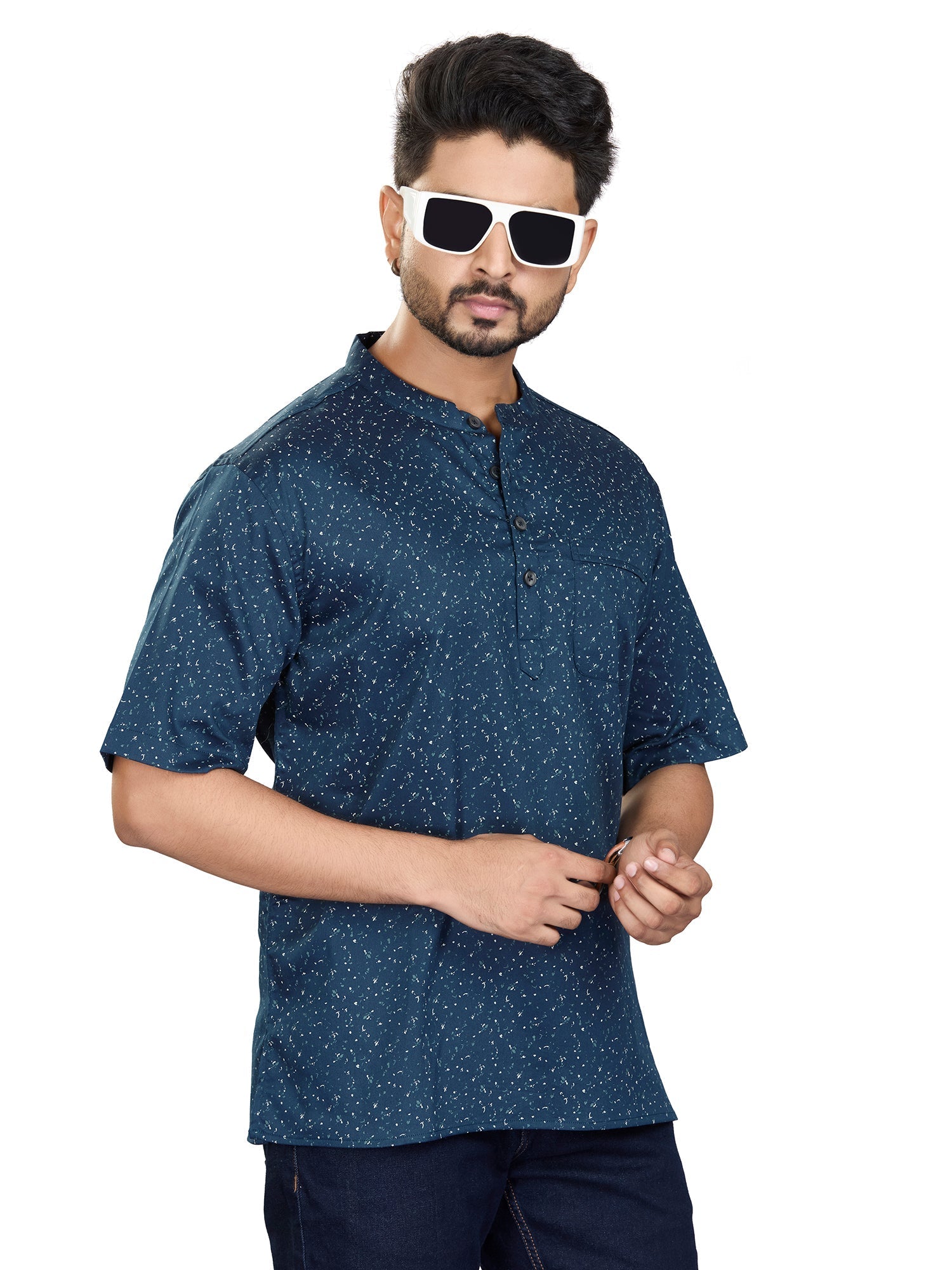 Satin Short Kurta Half Sleeves for Men - White | SHAVSPNAV3