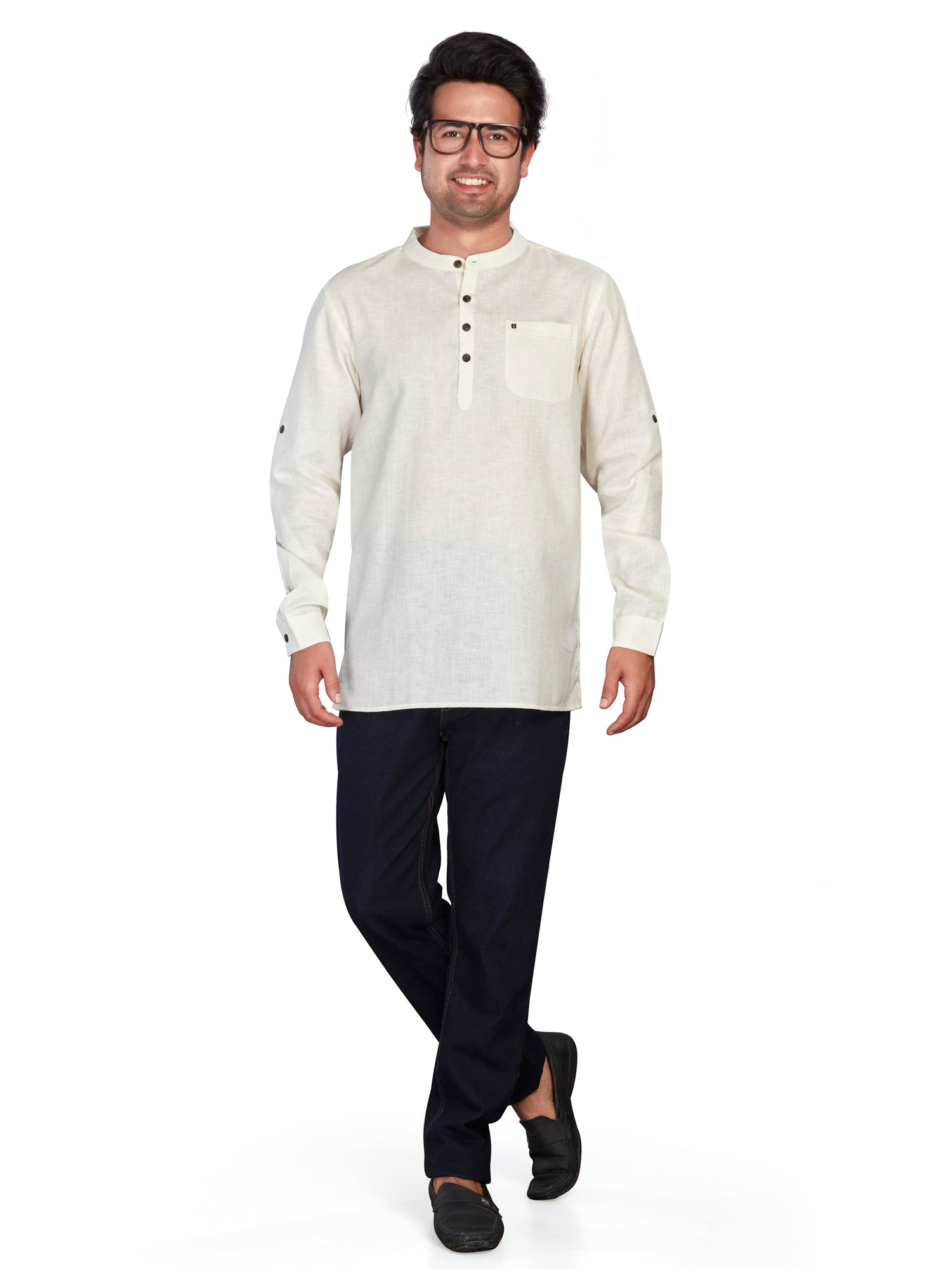 Linen Short Kurta for Men - Beige | SKSRLNCR38