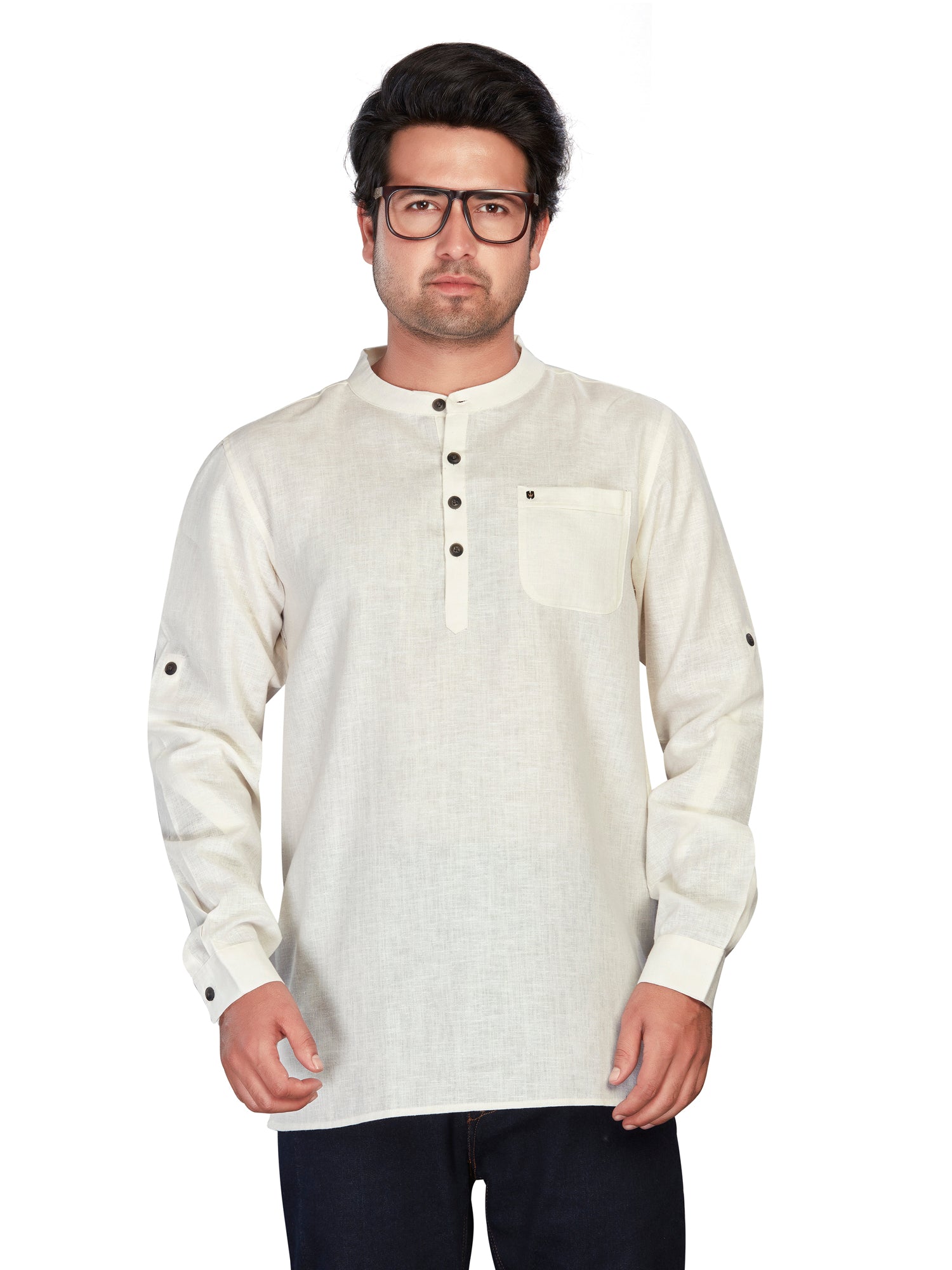 Linen Short Kurta for Men - Beige | SKSRLNCR38