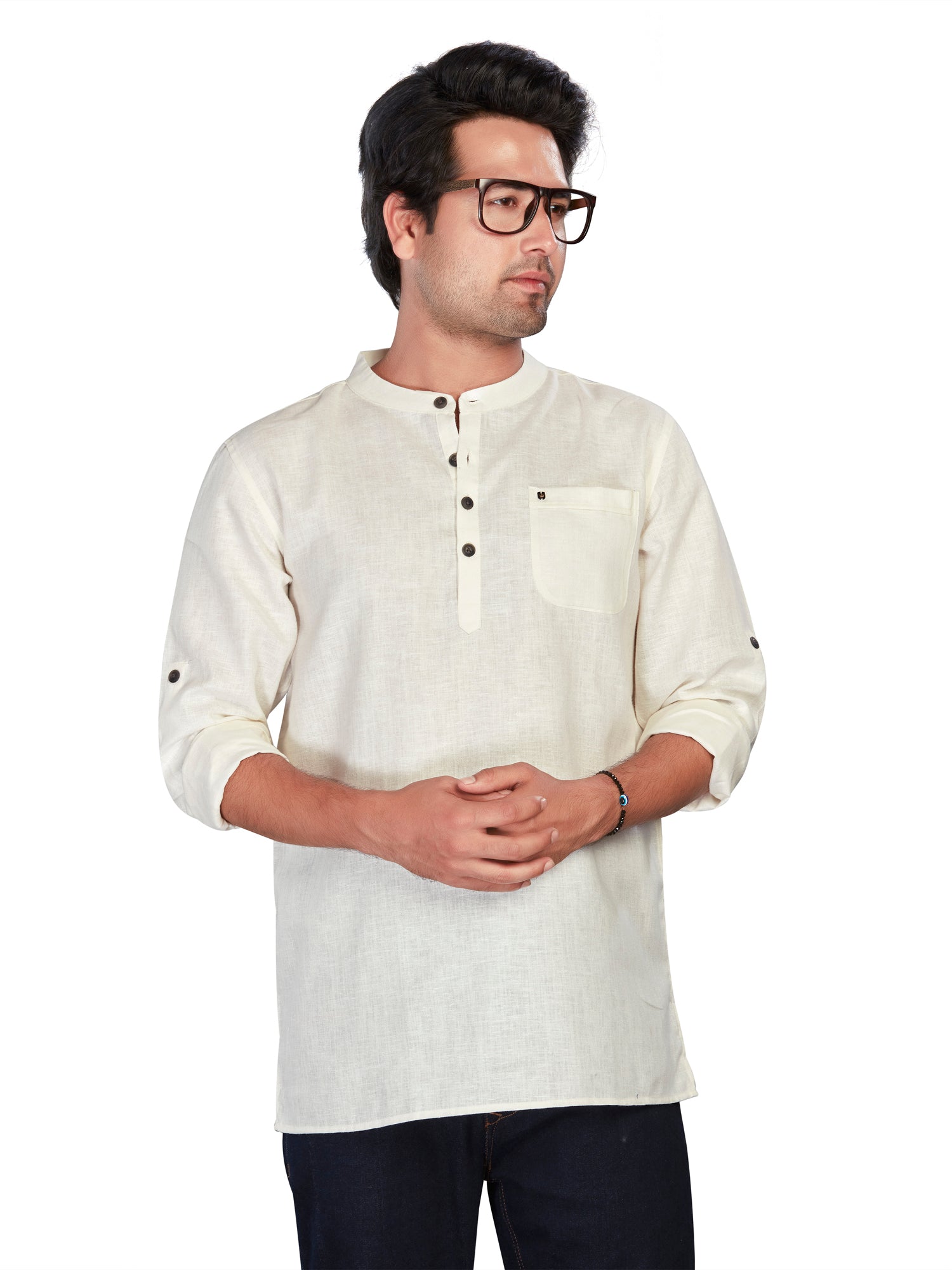 Linen Short Kurta for Men - Beige | SKSRLNCR38