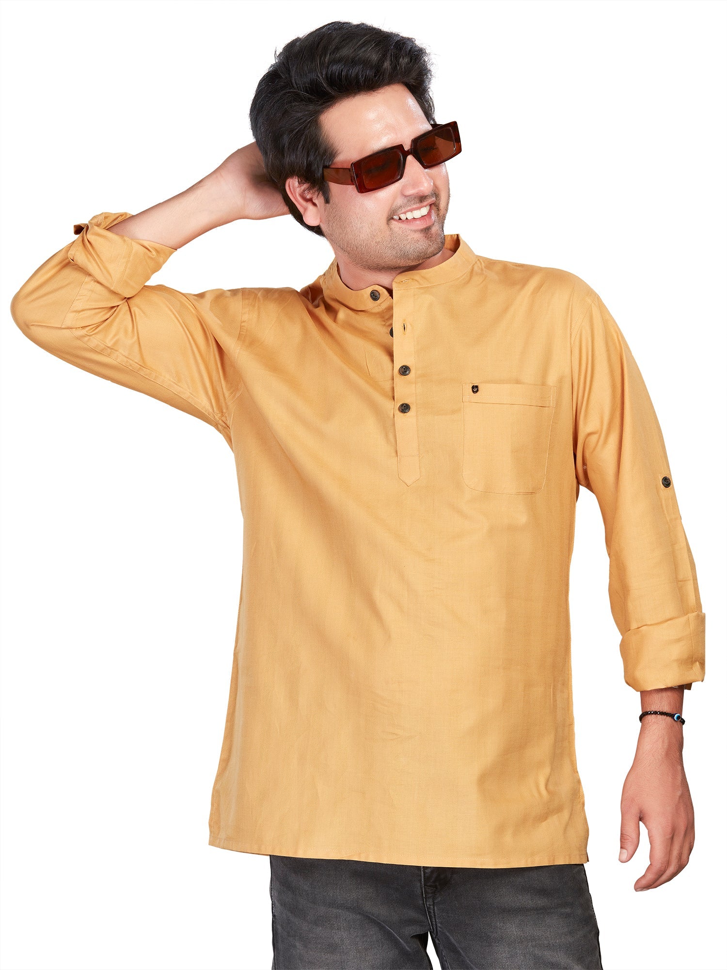 gold Cotton Solid Kurtas for Men | DesiQlo India