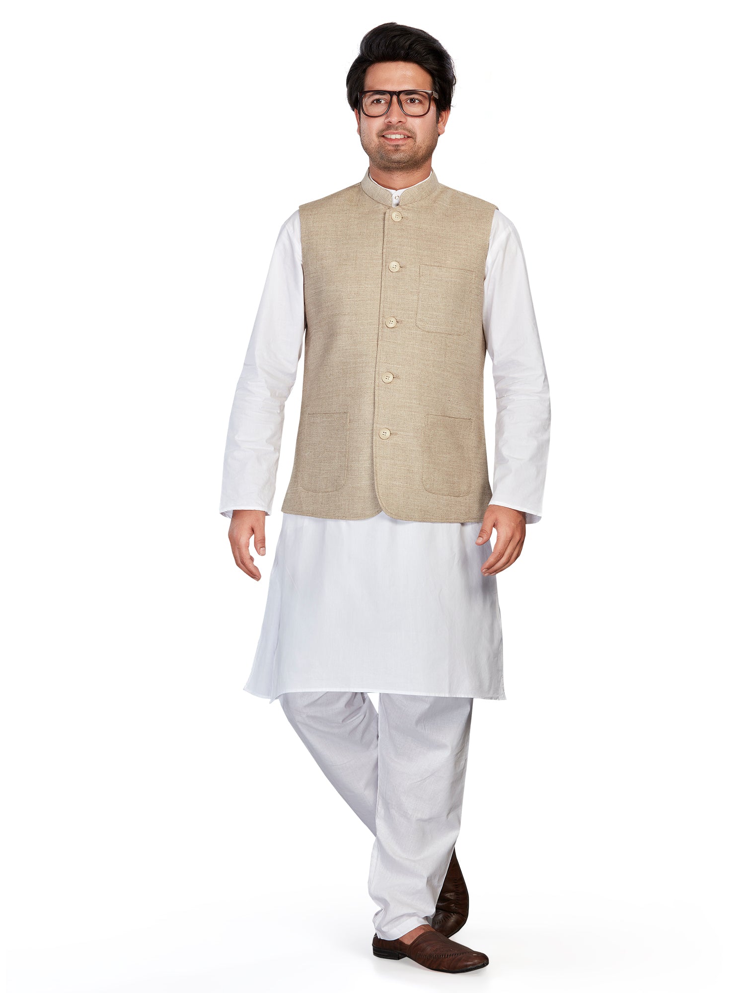beige Cotton Solid Indian Wear Nehru Jacket | DesiQlo 2