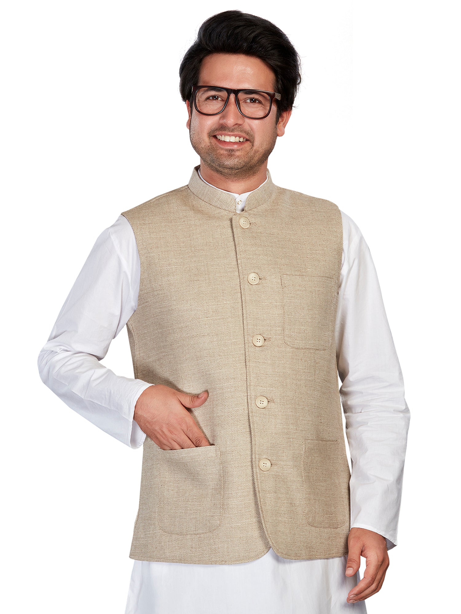 beige Cotton Solid Indian Wear Nehru Jacket | DesiQlo 2