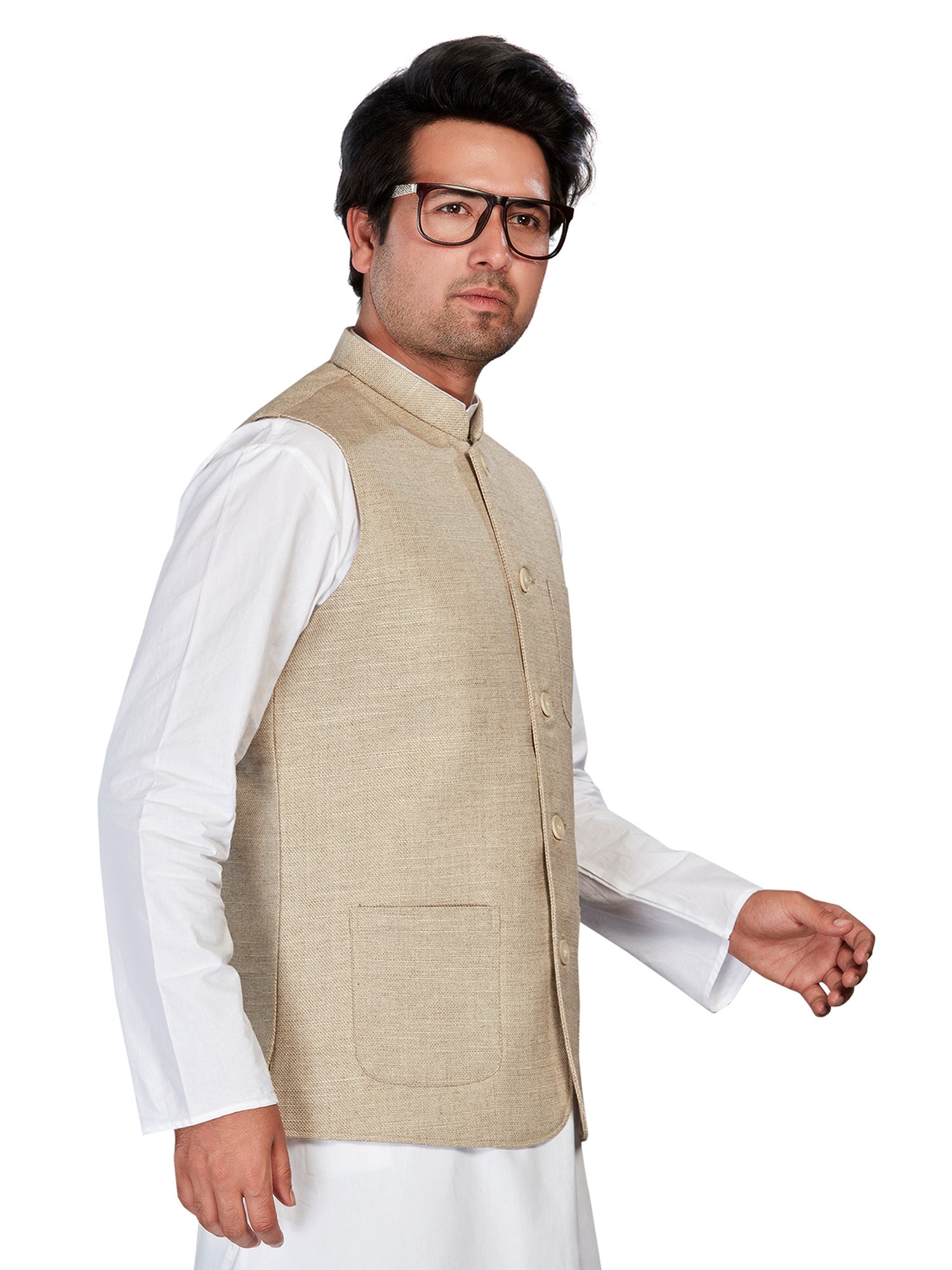 beige Cotton Solid Indian Wear Nehru Jacket | DesiQlo 2