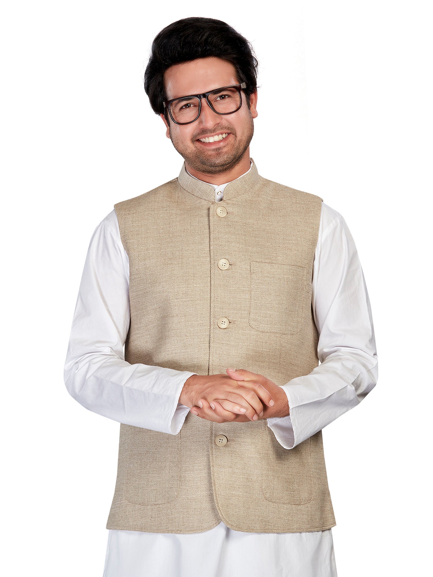 beige Cotton Solid Indian Wear Nehru Jacket | DesiQlo 2
