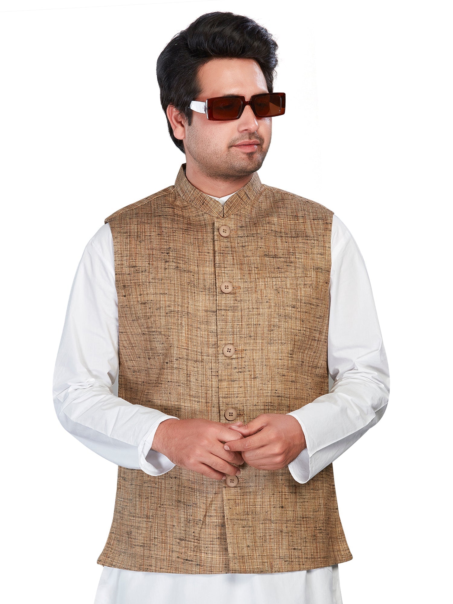 brown Cotton Solid Indian Wear Nehru Jacket | DesiQlo 2