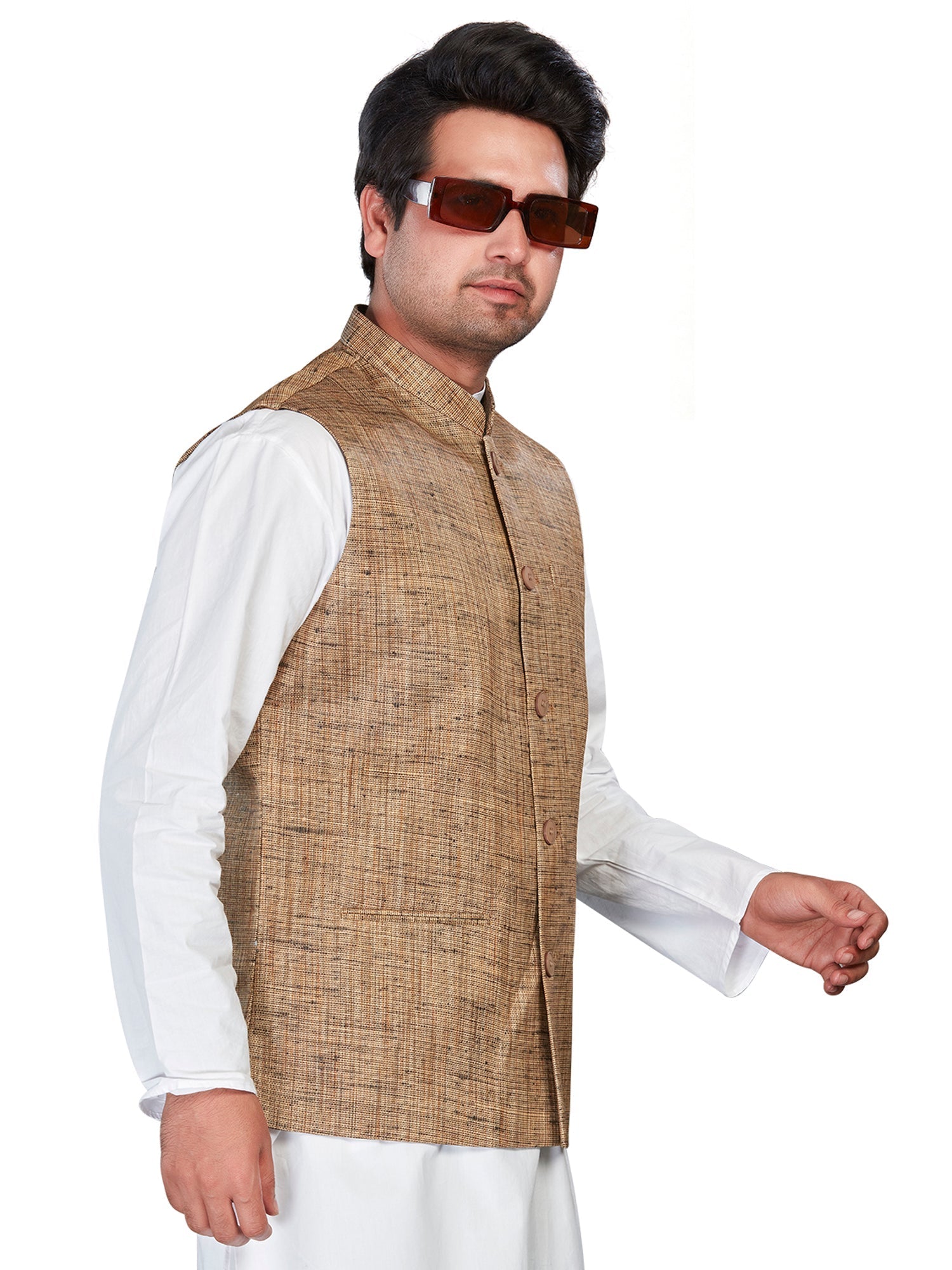 brown Cotton Solid Indian Wear Nehru Jacket | DesiQlo 2
