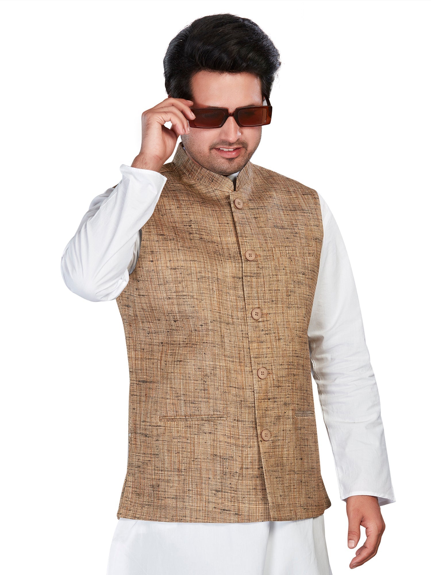 brown Cotton Solid Indian Wear Nehru Jacket | DesiQlo 2