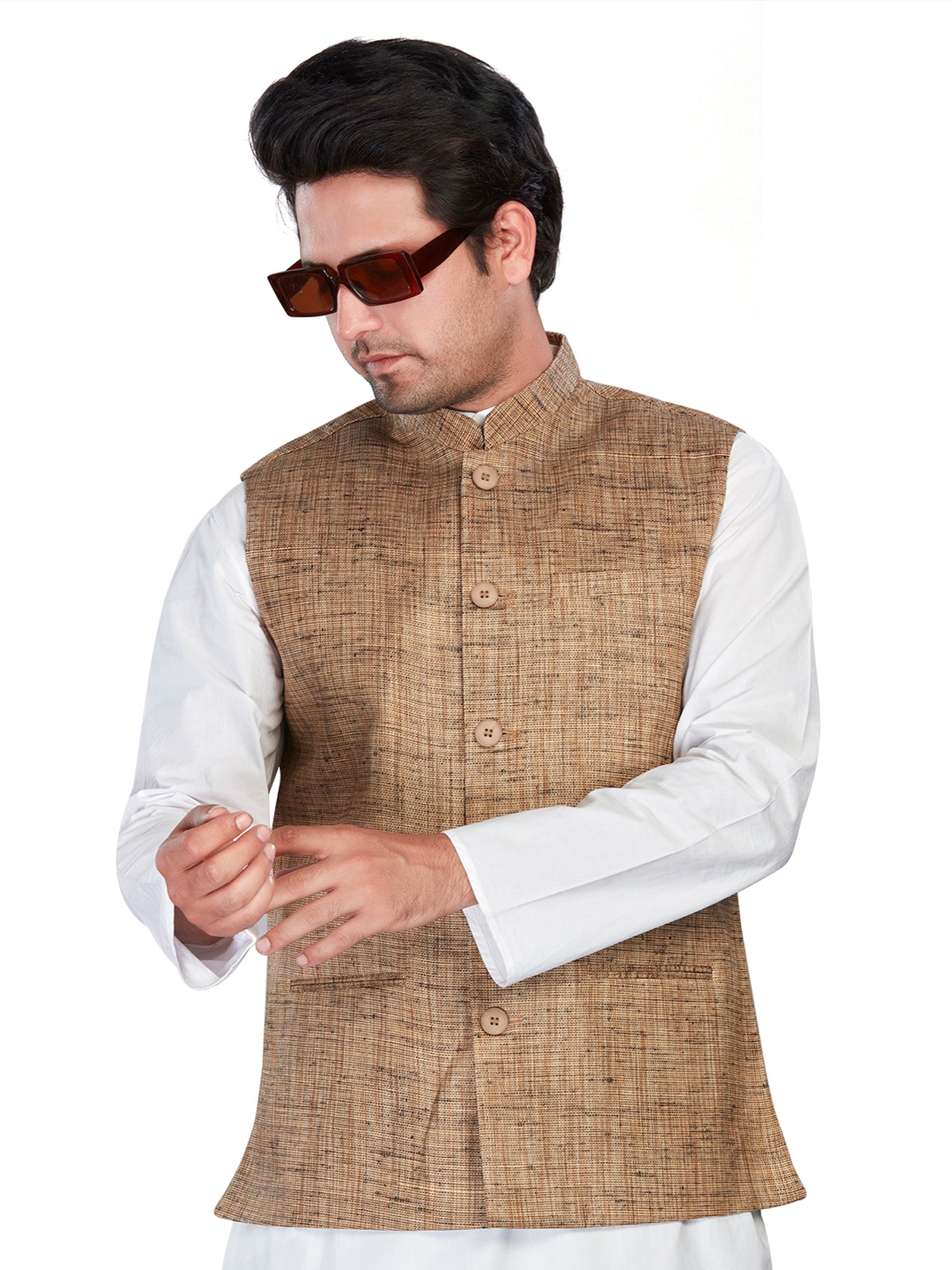 brown Cotton Solid Indian Wear Nehru Jacket | DesiQlo 2
