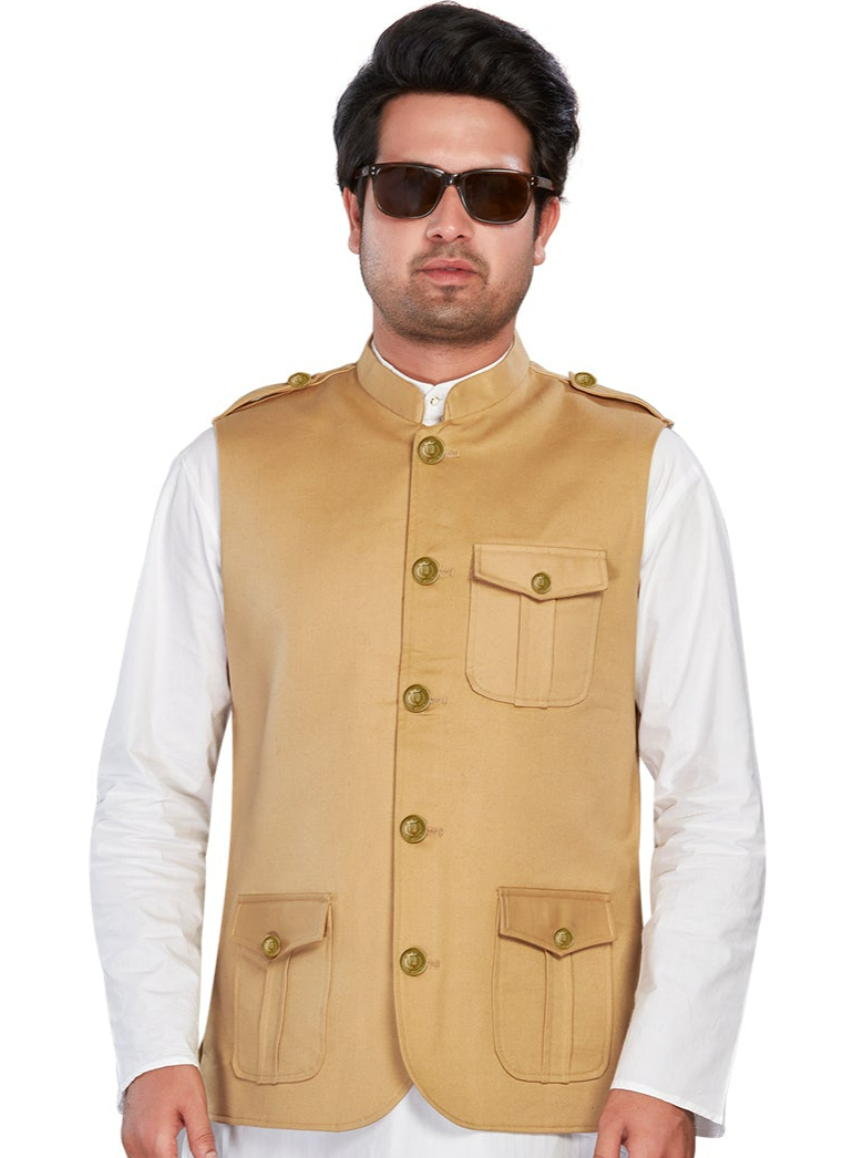 beige Cotton Solid Indian Wear Nehru Jacket | DesiQlo 3