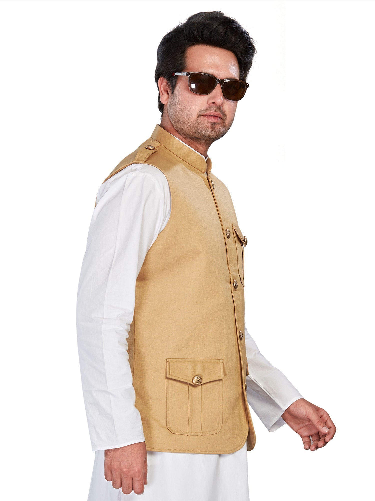 beige Cotton Solid Indian Wear Nehru Jacket | DesiQlo 3