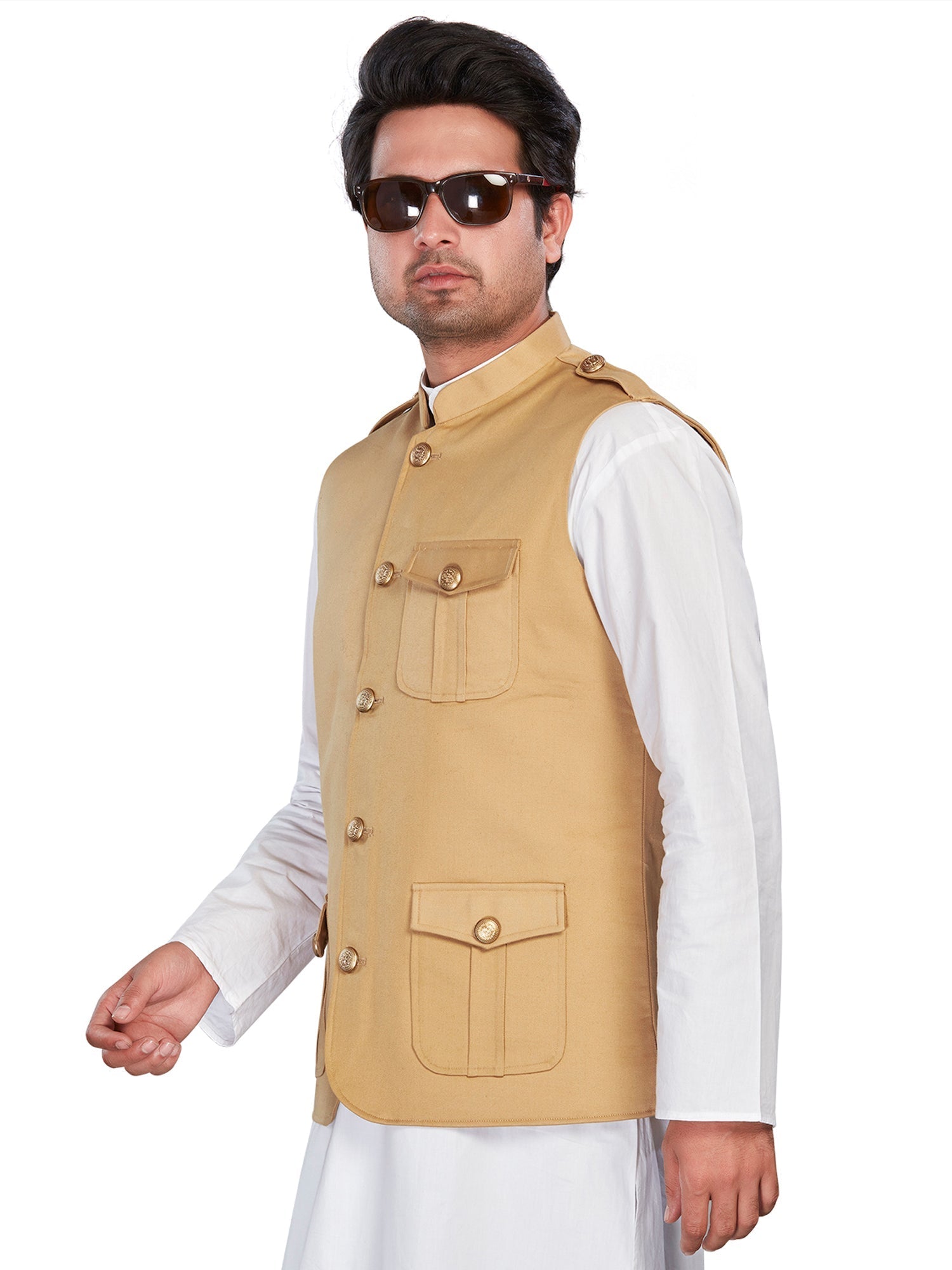 beige Cotton Solid Indian Wear Nehru Jacket | DesiQlo 3