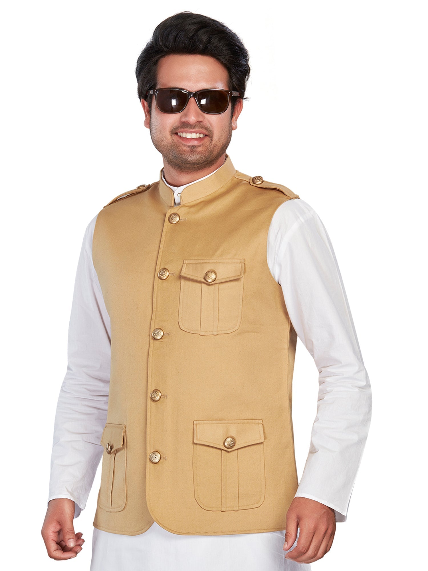 beige Cotton Solid Indian Wear Nehru Jacket | DesiQlo 3