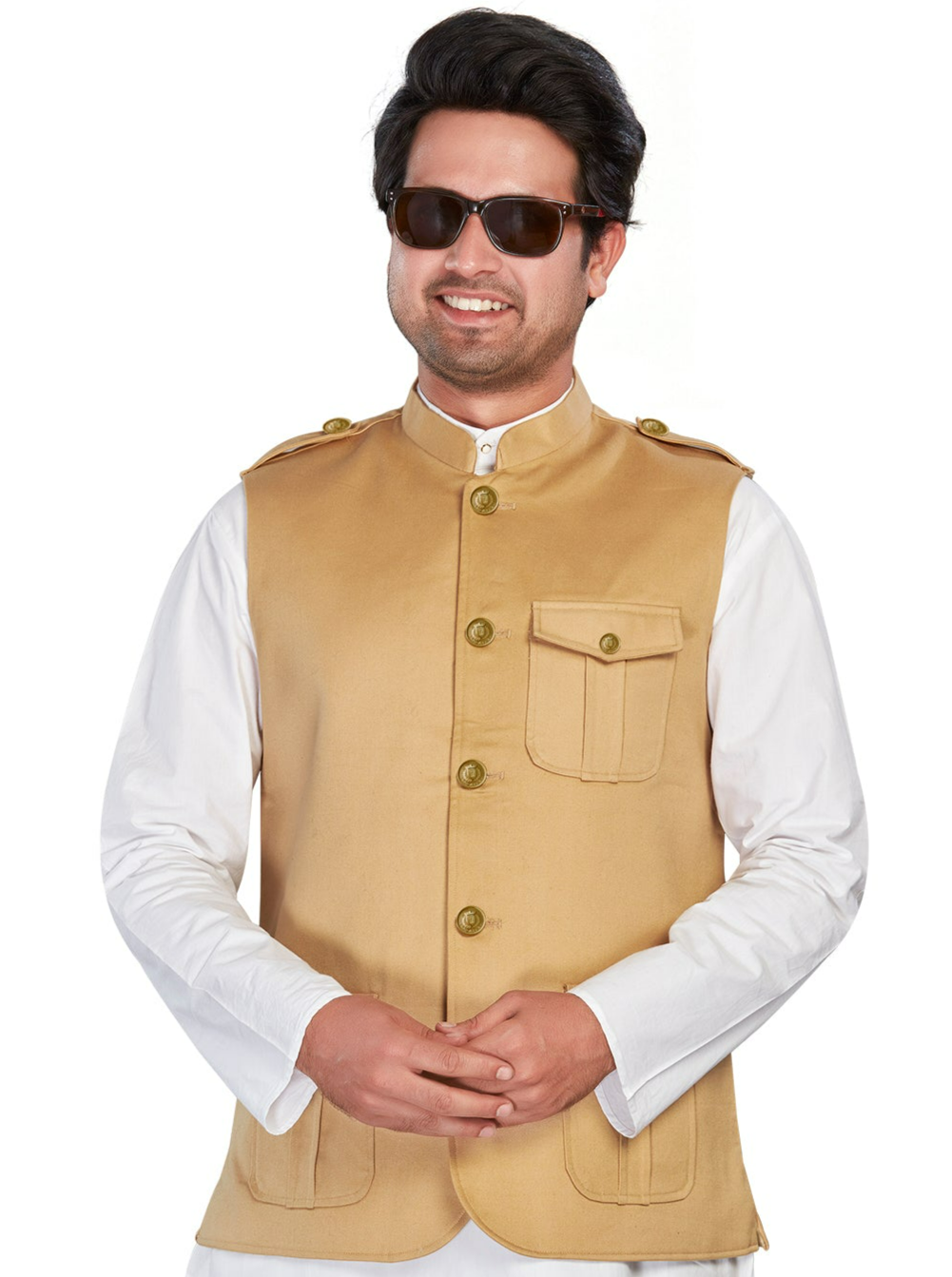 beige Cotton Solid Indian Wear Nehru Jacket | DesiQlo 3