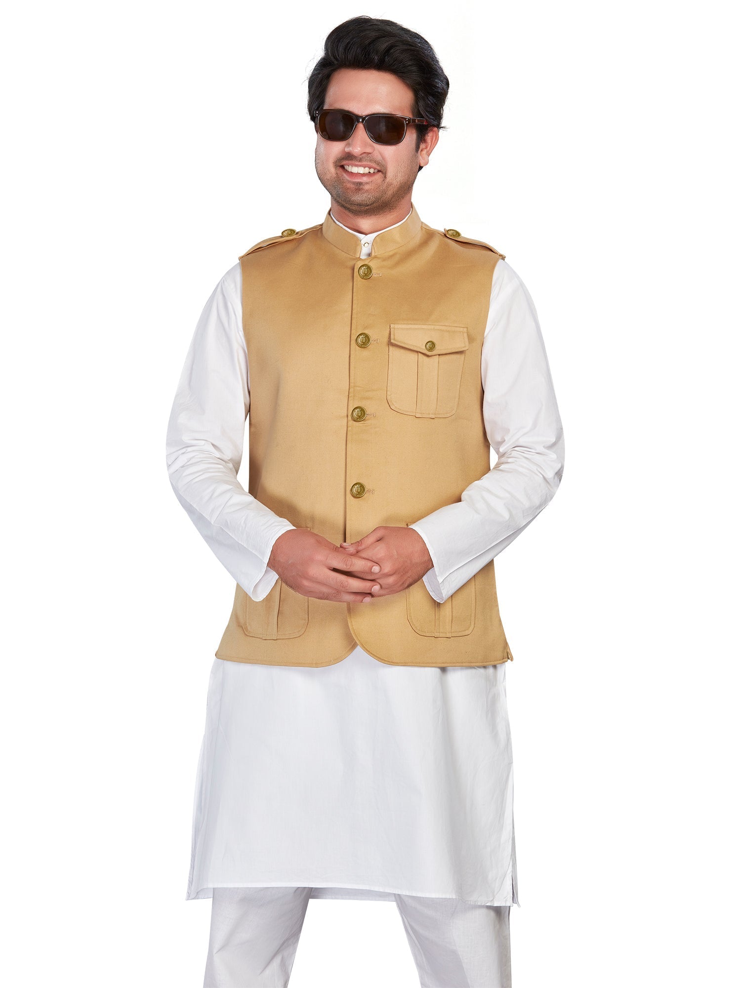 beige Cotton Solid Indian Wear Nehru Jacket | DesiQlo 3